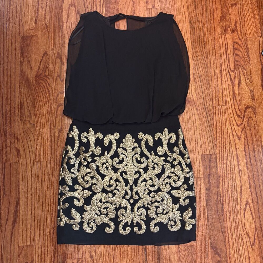 BETSY & ADAM Black Chiffon Gold Sequin Cocktail Dress – Size 10